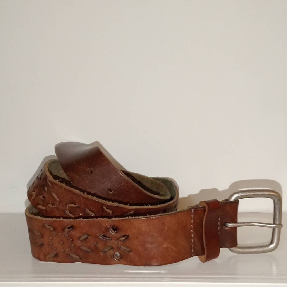 Brown Leather Belt with Floral Tooling and Silver Buckle